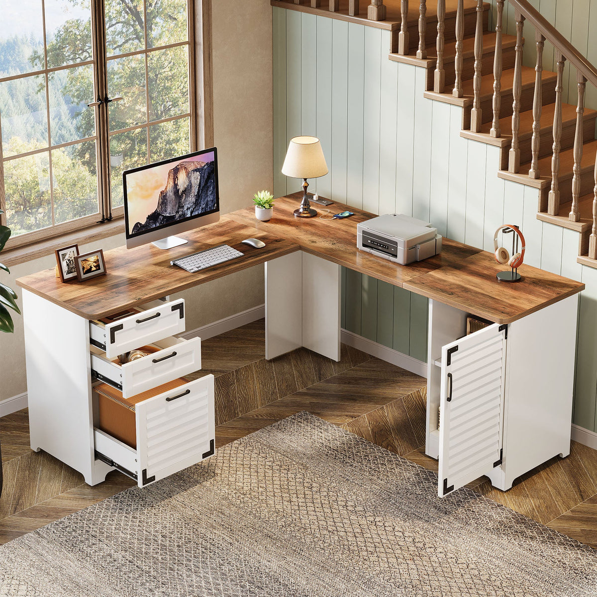 L-Shaped Executive Desk, 59" Computer Desk with Drawers & Power Outlets
