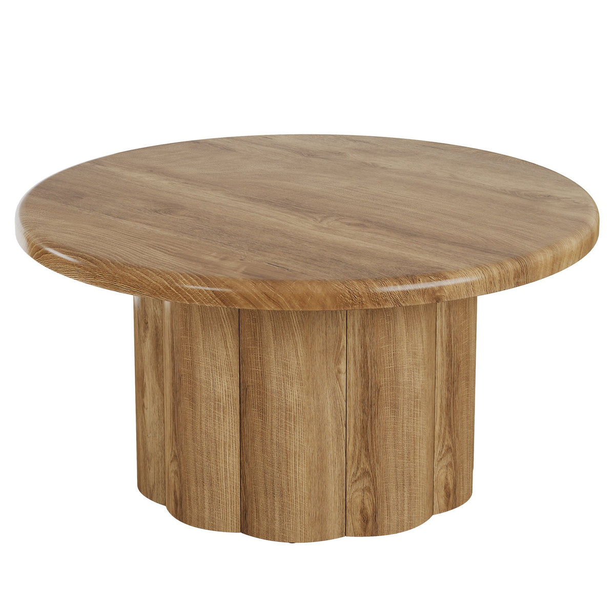 31.5" Round Coffee Table, Farmhouse Center Table with Fluted Drum Base