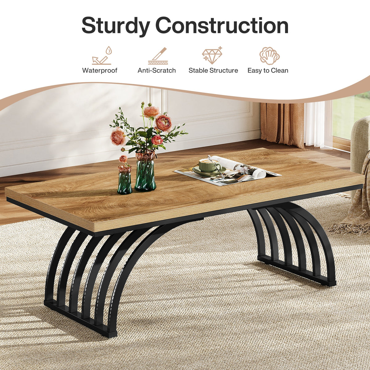 47" Coffee Table, Rectangular Center Tea Table with Metal Frame Legs