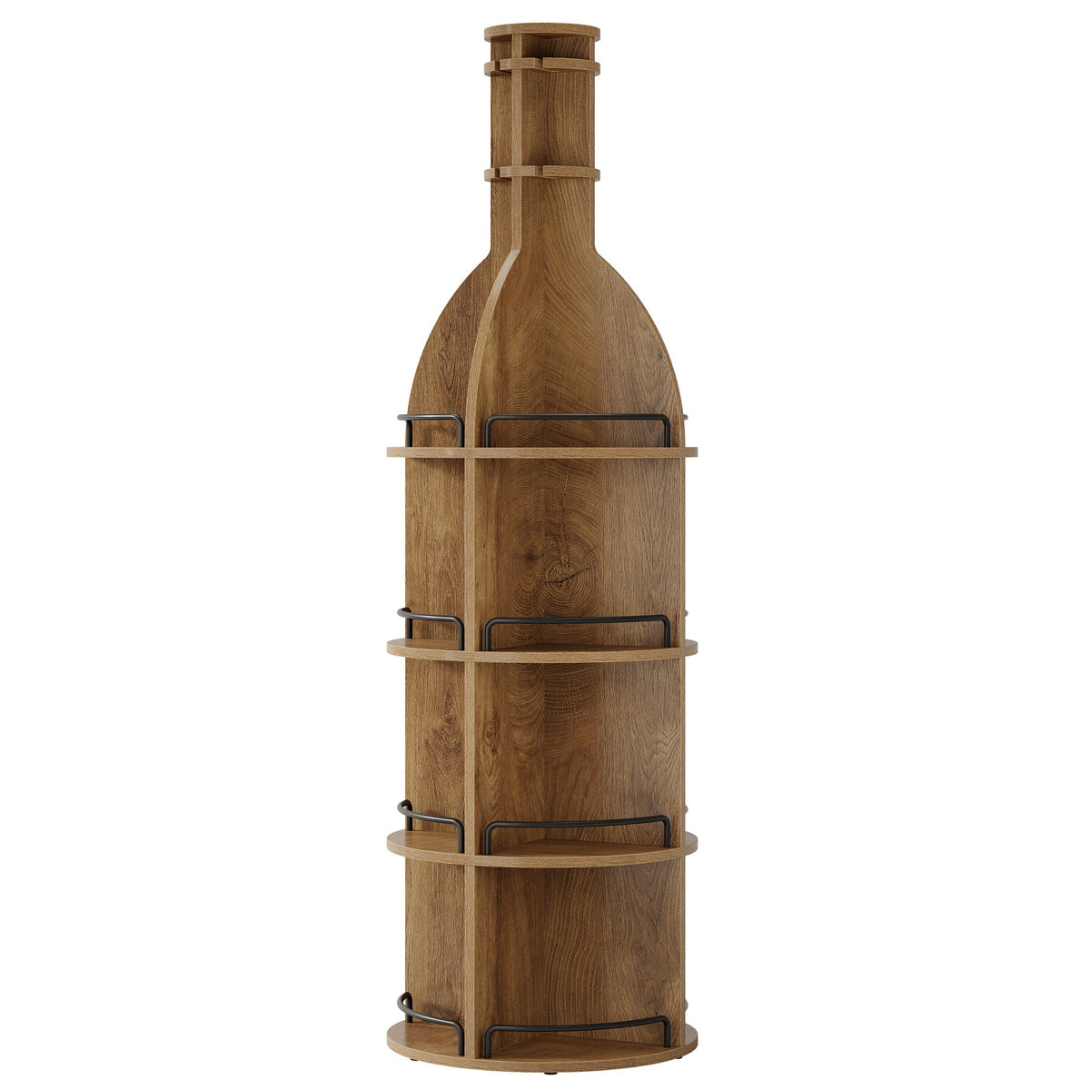 75" Wine Rack with Shelves, Round Wine Cabinet with Hanging Goblet Holder (No Lights)