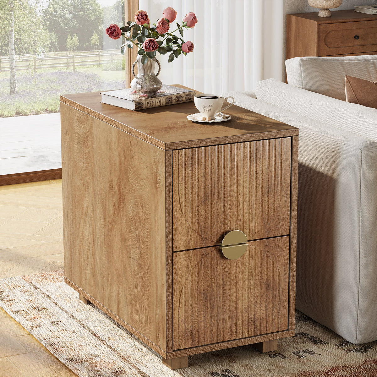 2-Drawer Nightstand, Narrow Bedside Table with Gold Metal Handle