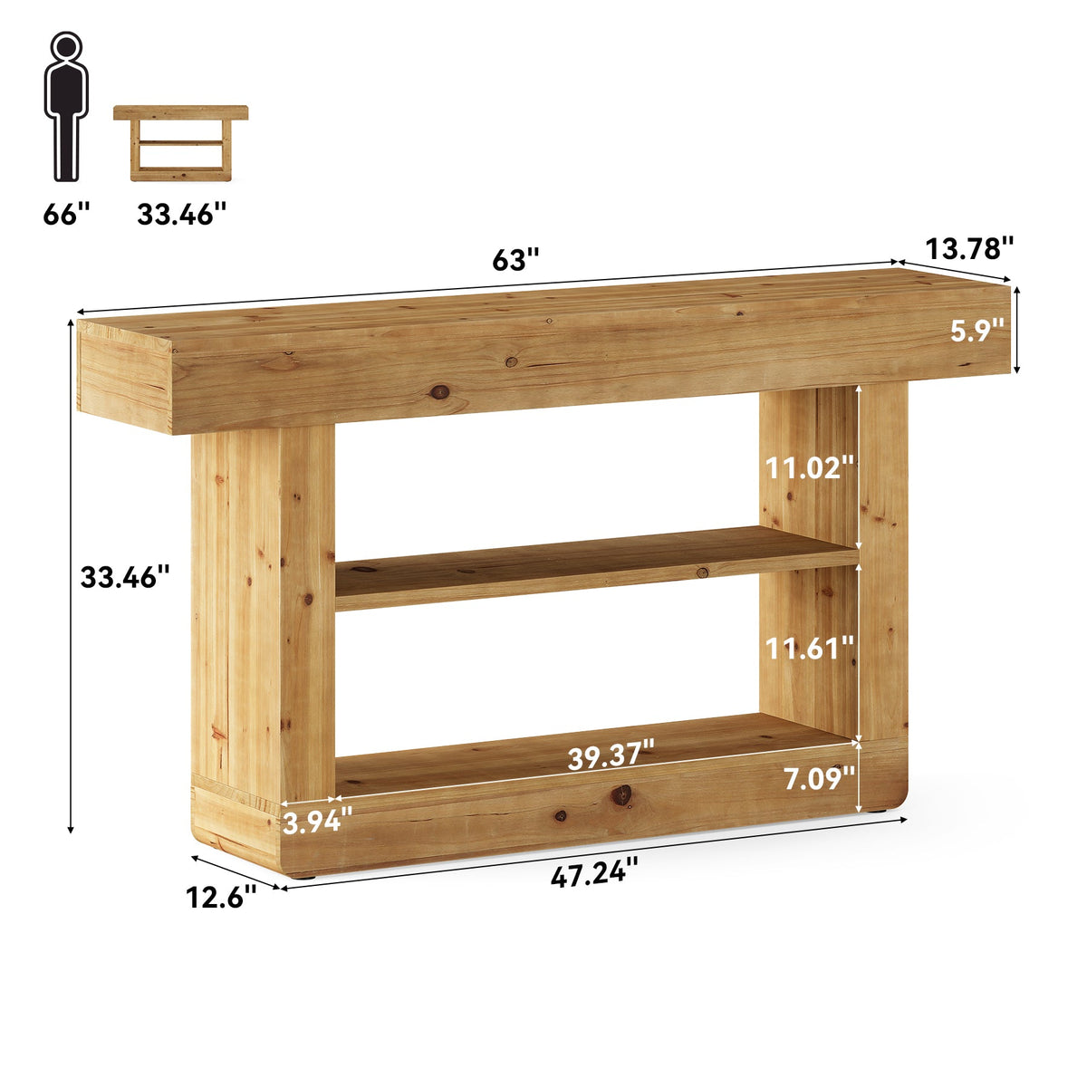 63" Solid Wood Console Table, 3-Tier Sofa Table with Storage for Entryway