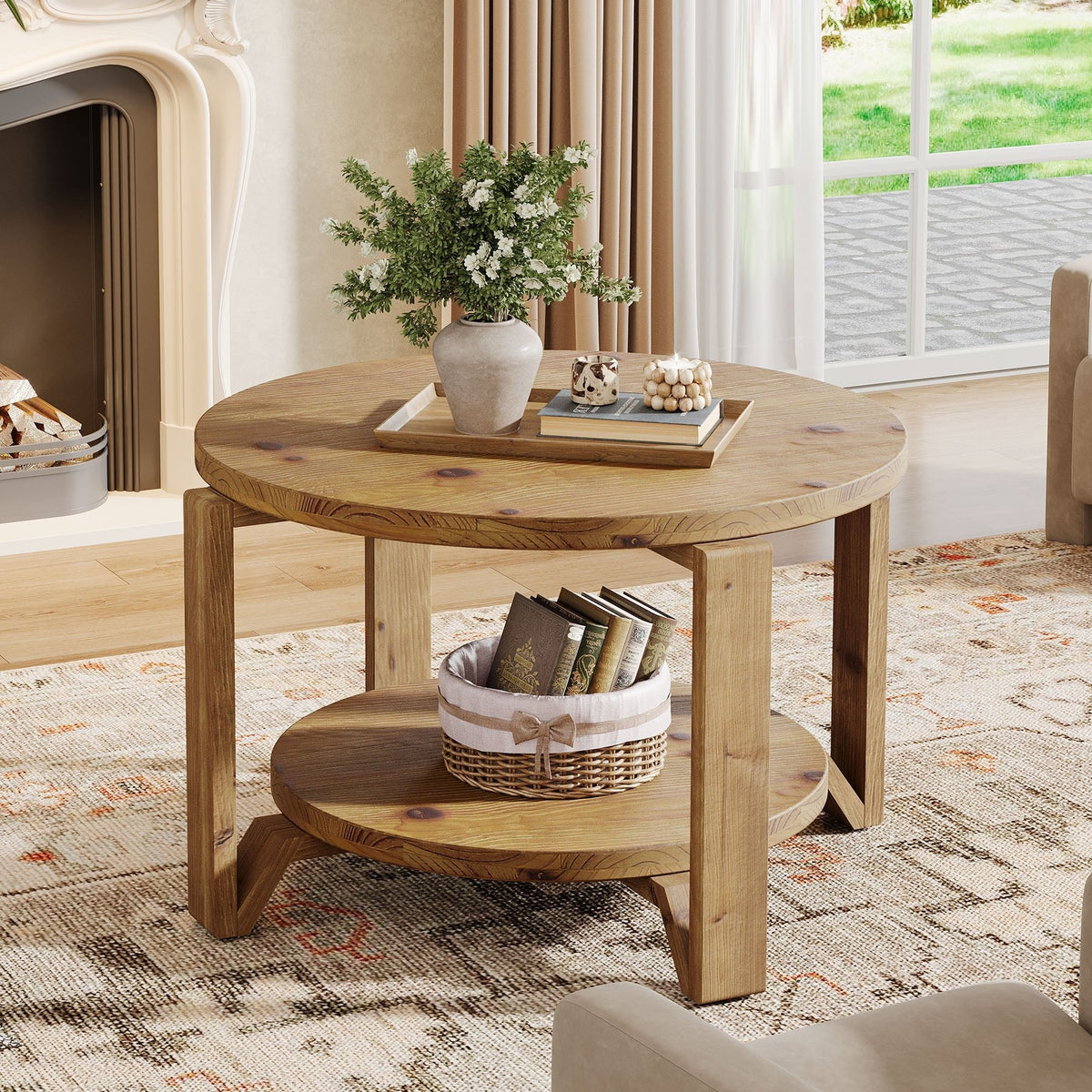 30" Solid Wood Coffee Table, Round Small Center Table with 2-Tier Storage