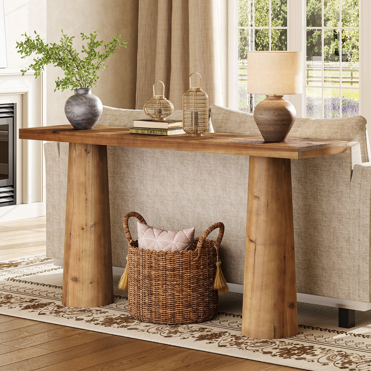 63" Solid Wood Console Table, Farmhouse Entryway Table with Cylindrical Legs