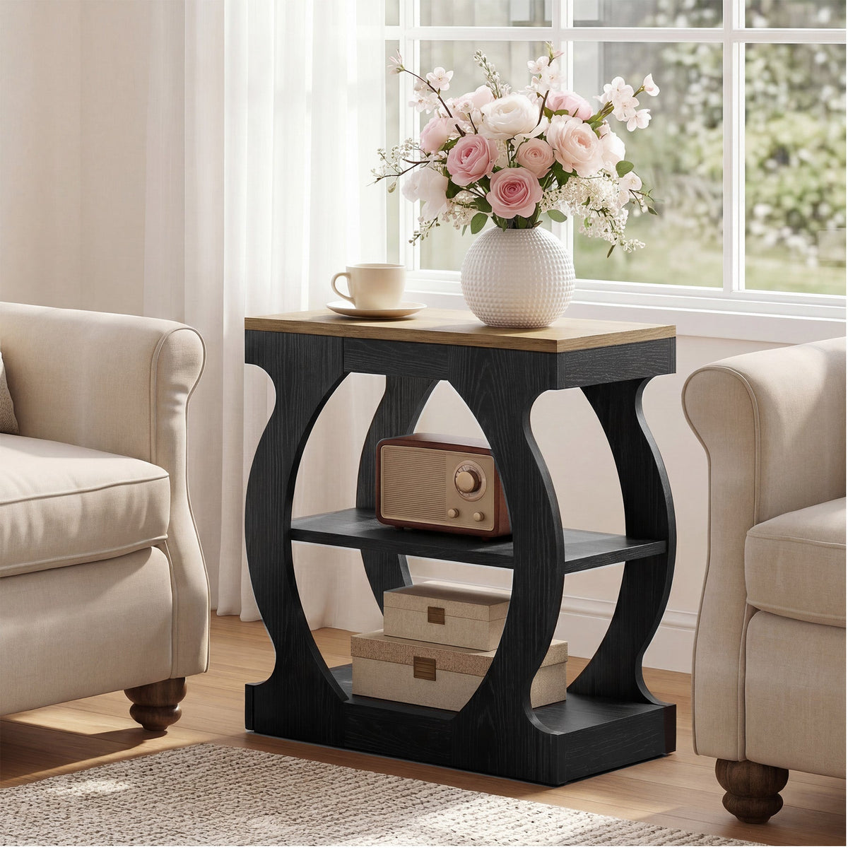 Narrow End Table with 3-Tier Storage Shelves, Bedroom Nightstand for Small Spaces