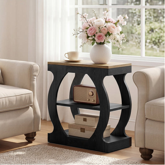 Narrow End Table with 3-Tier Storage Shelves, Bedroom Nightstand for Small Spaces