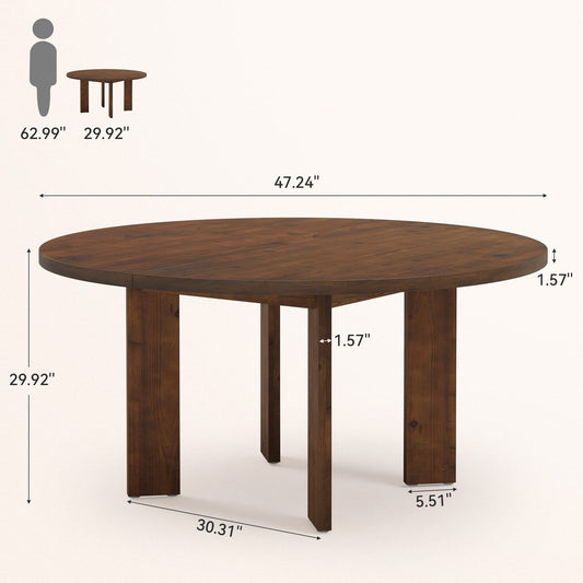 Solid Wood Round Dining Table, 47.24" Farmhouse Kitchen Table for 4-6 People