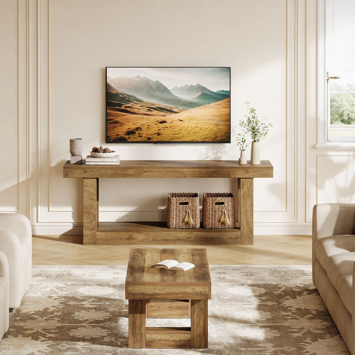 63" TV Stand for TVs up to 75", Farmhouse Entertainment Center with Shelves