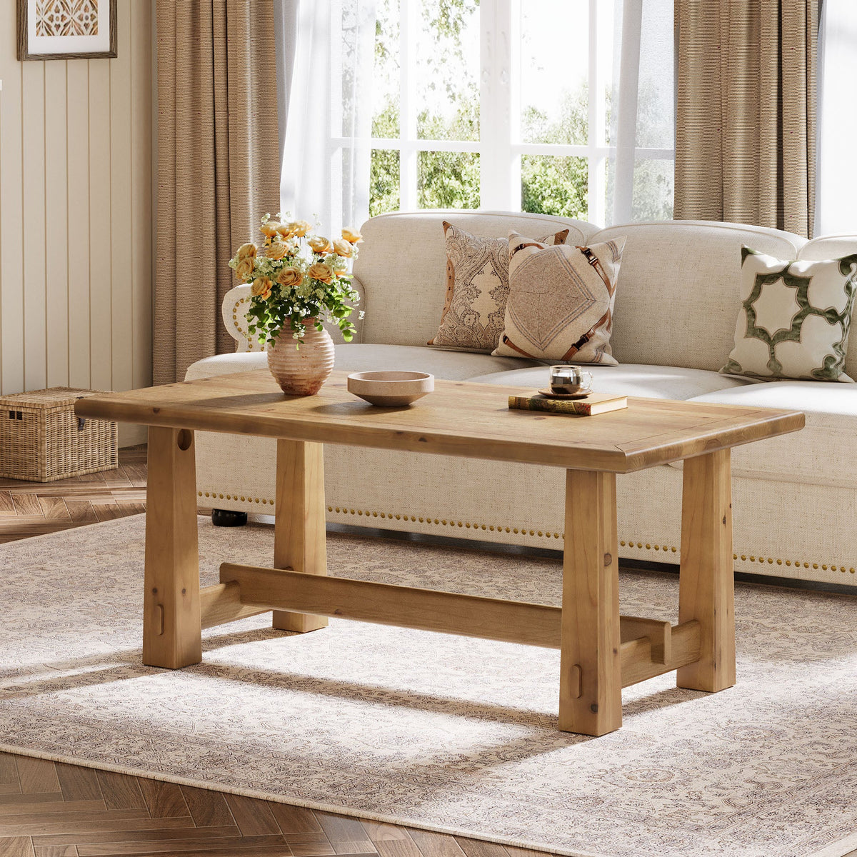 47" Solid Wood Coffee Table, Rectangular Center Table with H-Shaped Base