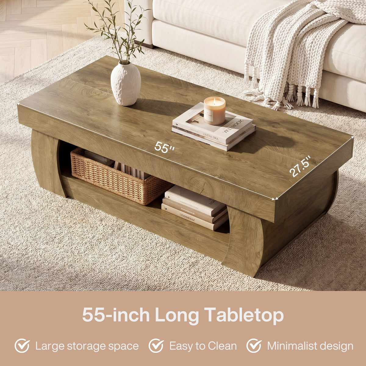 Tribesigns 55-Inch Wooden Coffee Table with 2-Tier Storage Shelf and Curved Legs, Modern Farmhouse Center Table for Living Room and Apartment