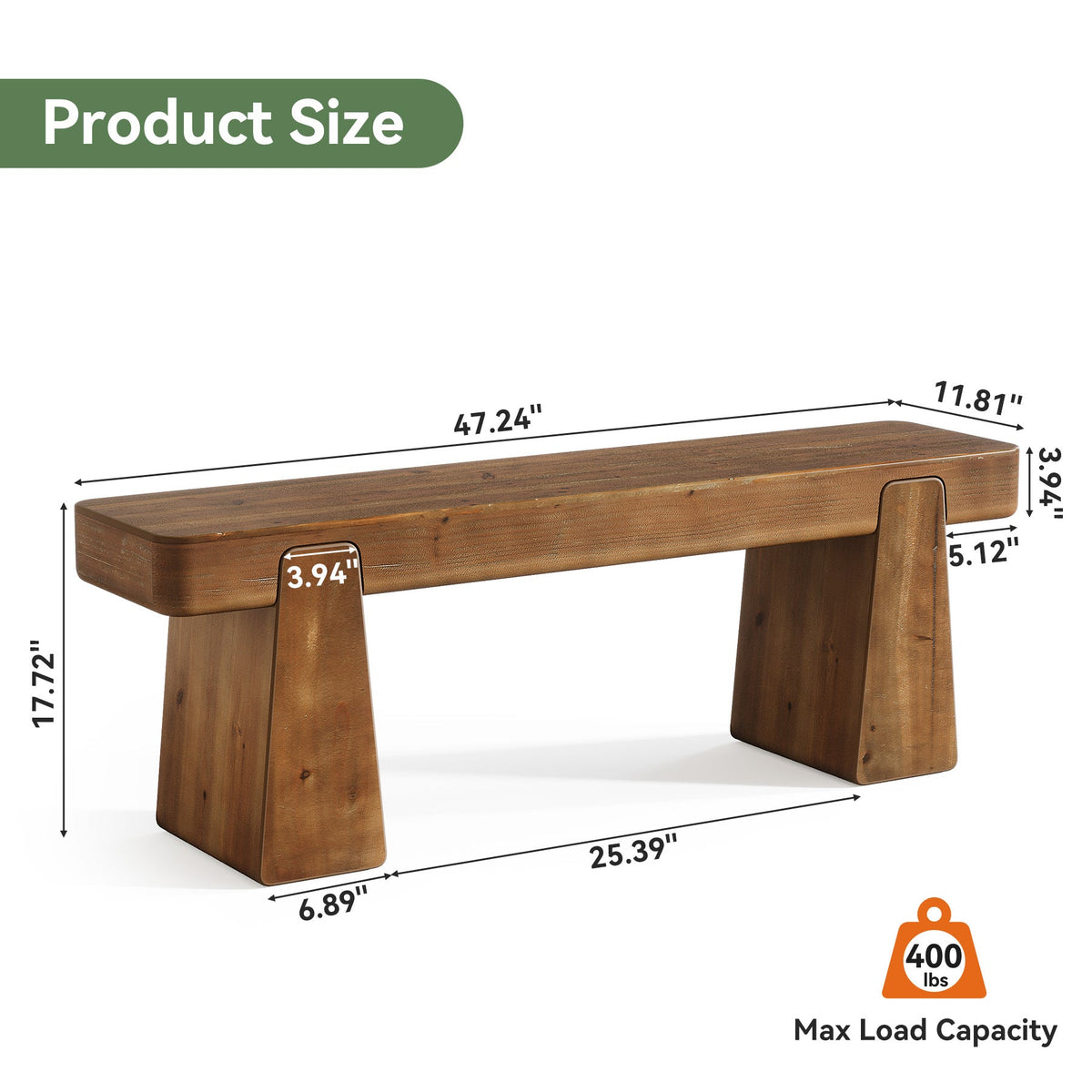 47" Solid Wood Dining Bench, Farmhouse Dining Table Bench for 2-3