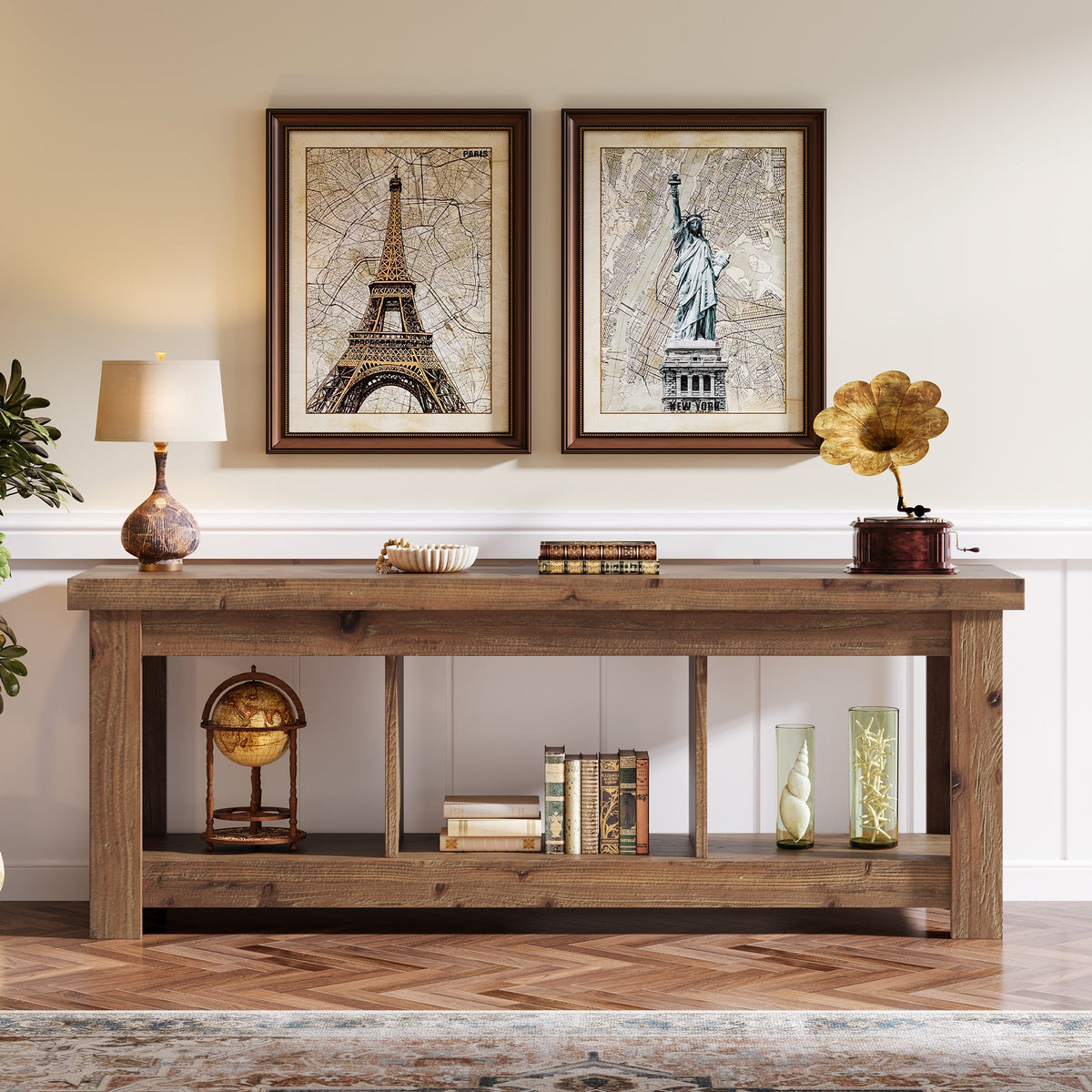 Solid Wood Console Table, 63" Sofa Entryway Table With 3 Open Shelves
