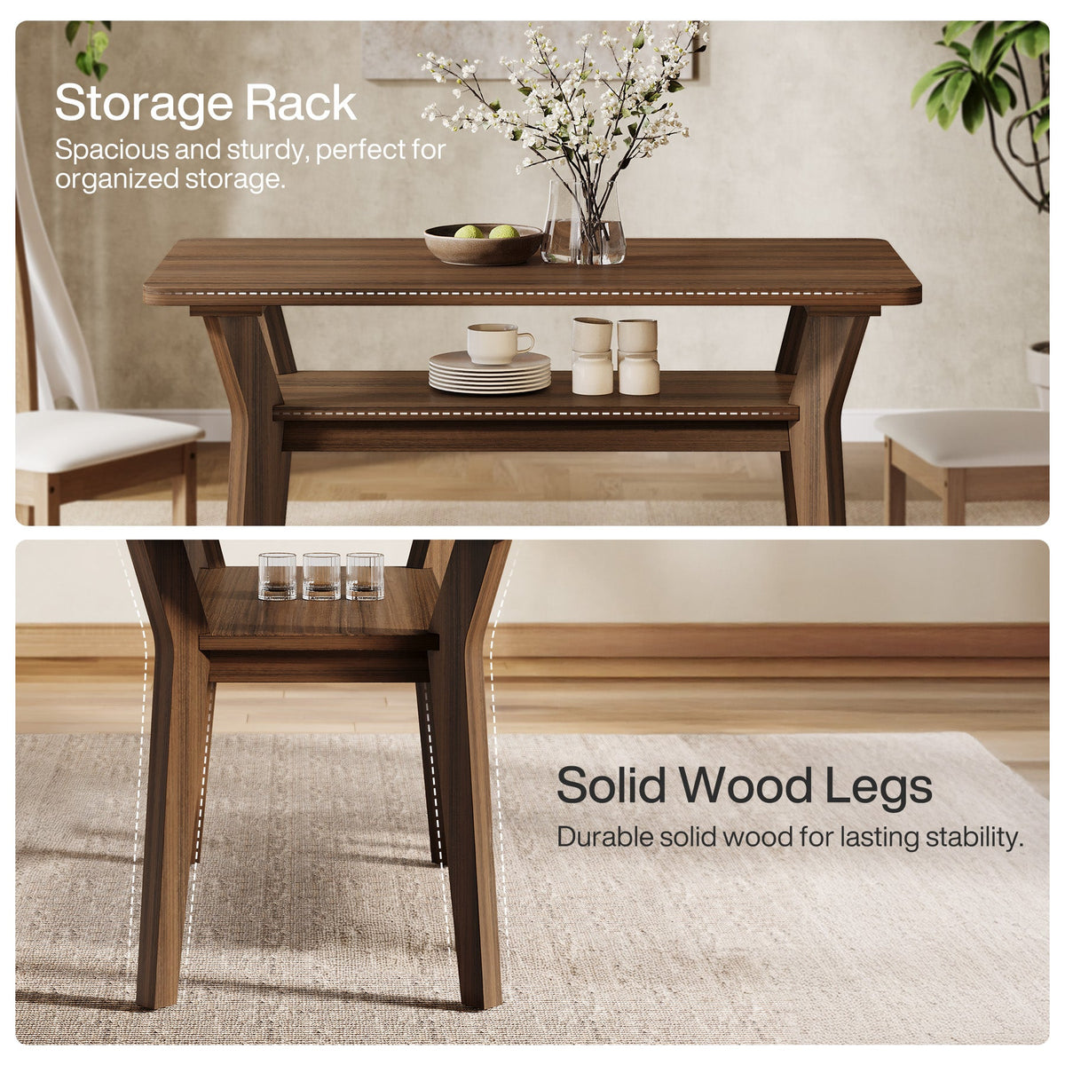 47" Dining Table, 2-Tier Rectangle Kitchen Table with Solid Wood Legs