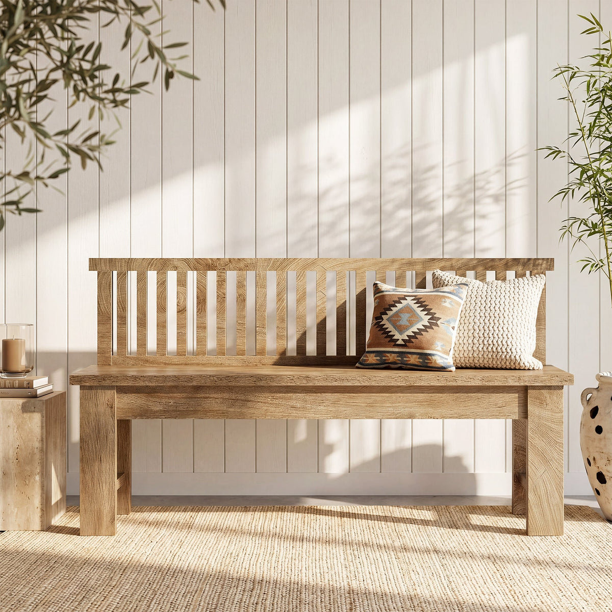 55" Entryway Bench, Farmhouse Seating Bench with Vertical Stripes Backrest for Hallway
