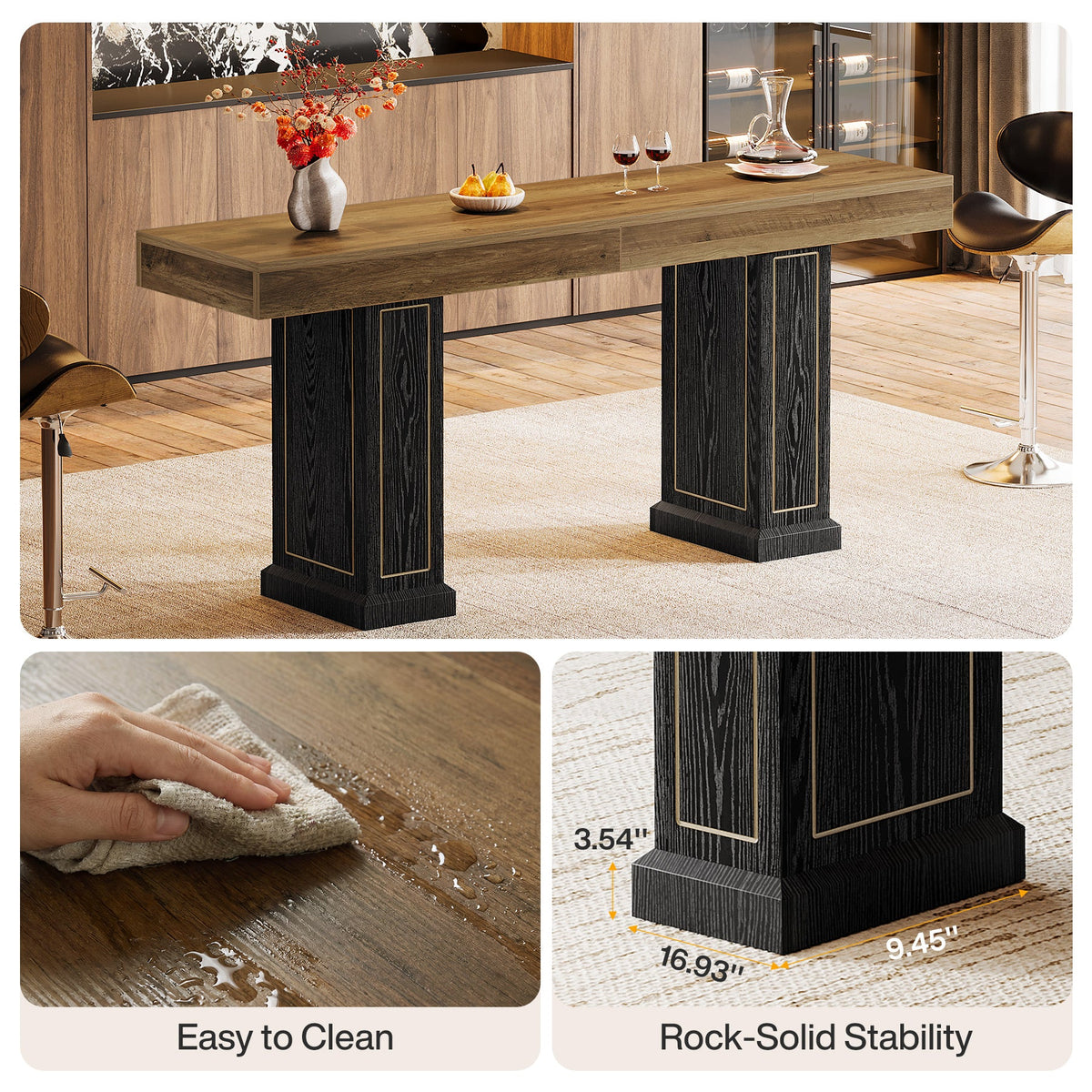 71" Counter Height Bar Table for 6-8 People, Rustic Pub Table with Dual Pedestal Base & Gold Accents