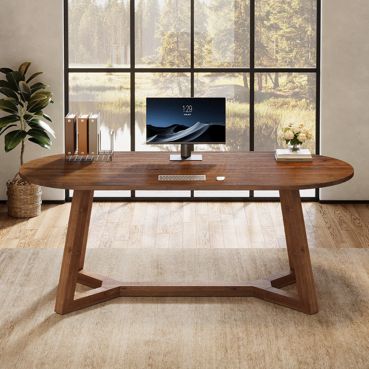 Solid Wood Computer Desk, 63" Oval Executive Desk with Sturdy Tapered Legs