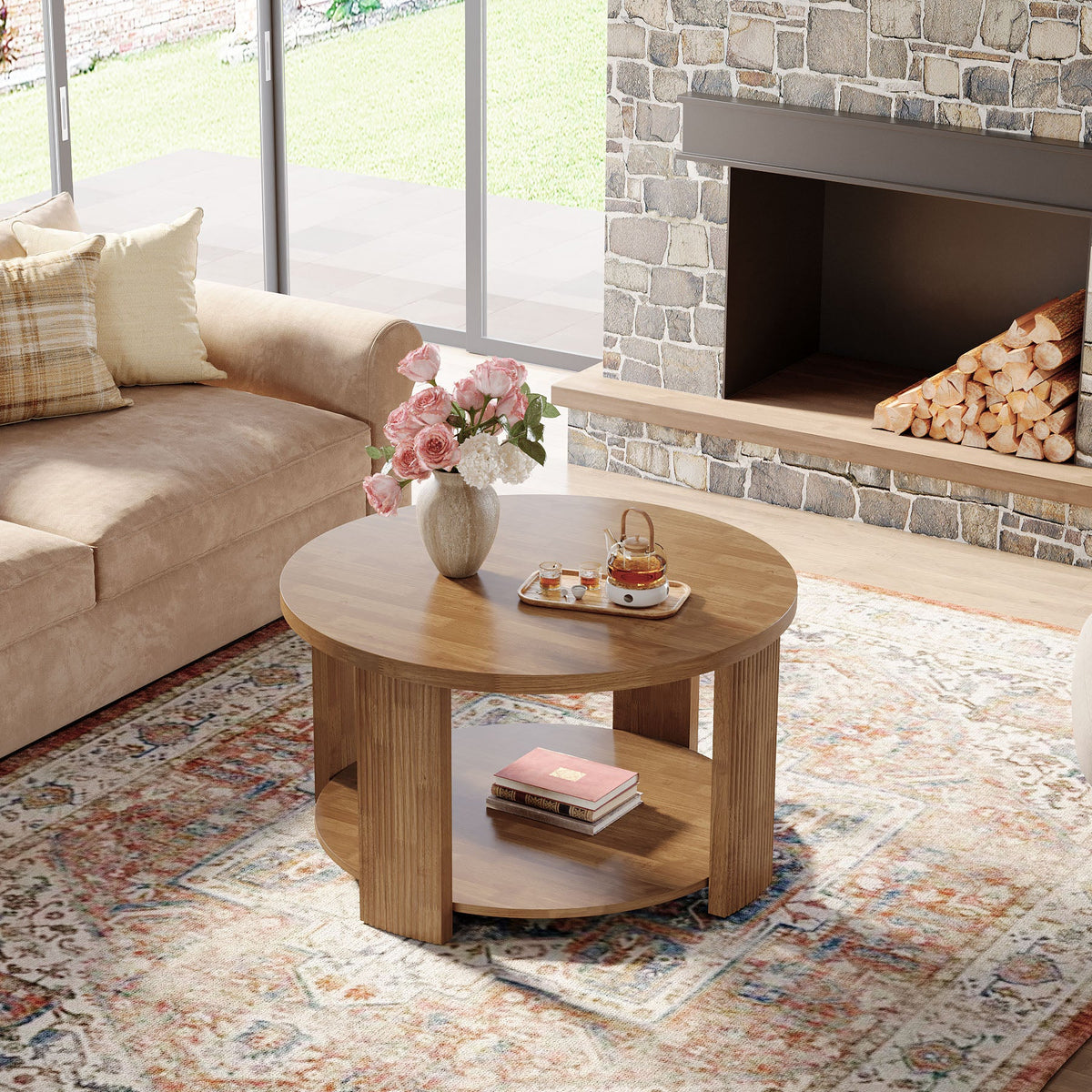 2-Tier Round Coffee Table, 31.5" Circle Accent Center Table with Thick Tabletop