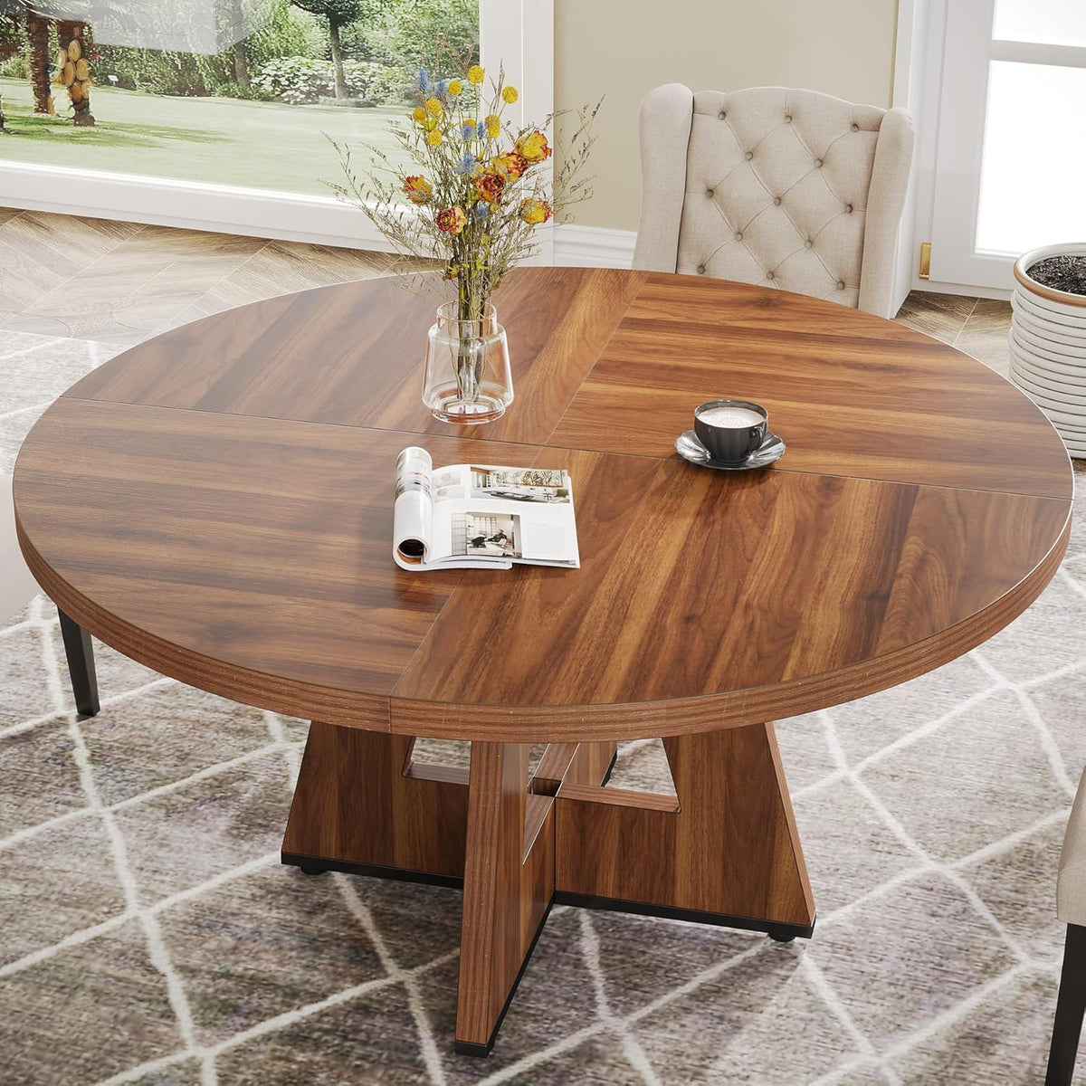 47" Farmhouse Dining Table, Round Wooden Kitchen Dinner Table for 4 People