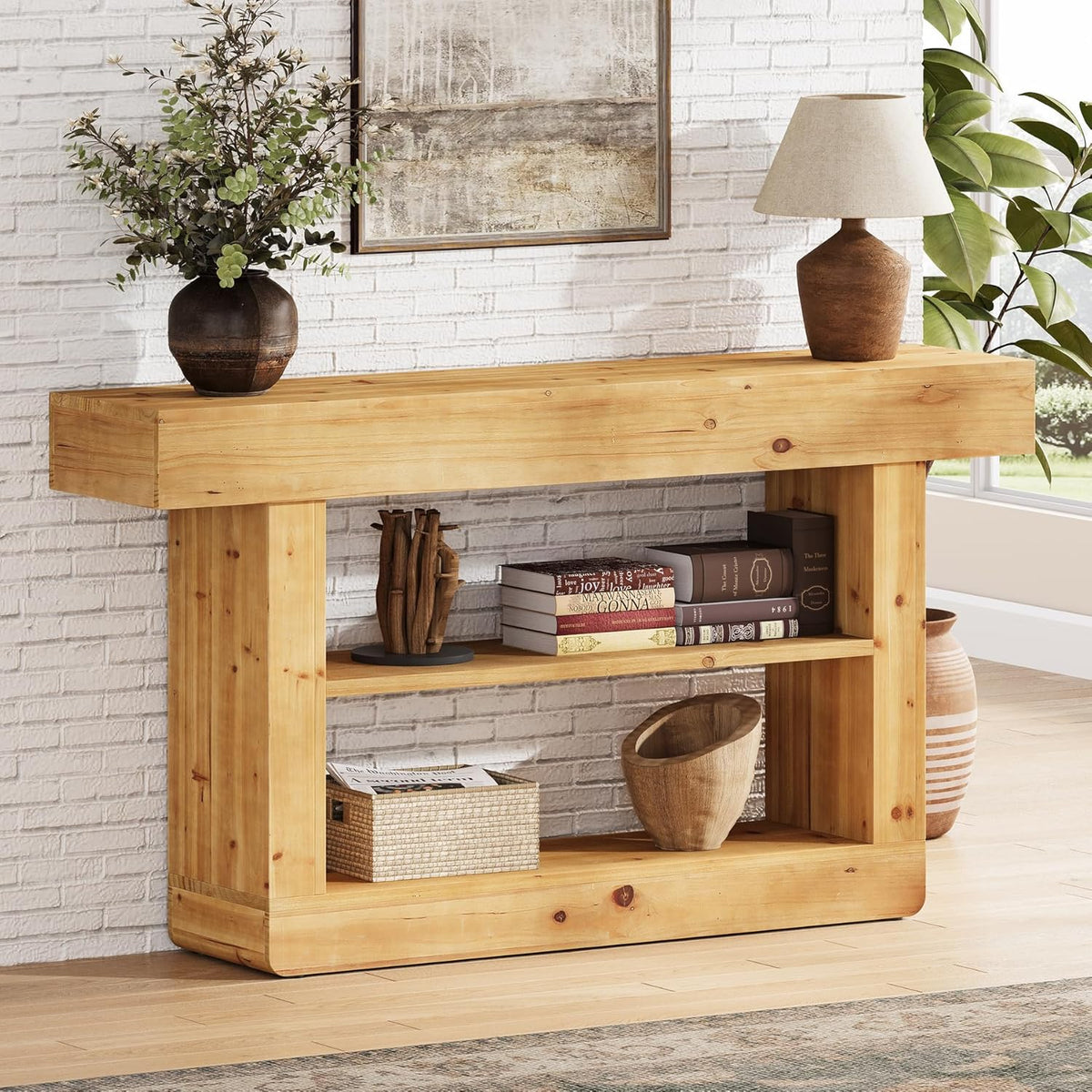63" Solid Wood Console Table, 3-Tier Sofa Table with Storage for Entryway