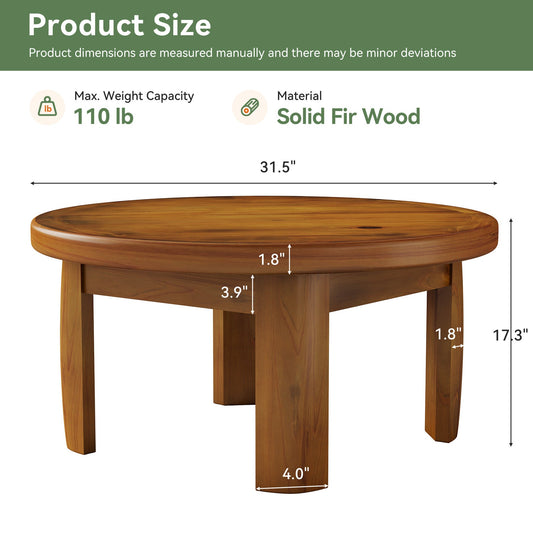 Solid Wood Round Coffee Table, 31.5" Mid Century Modern Center Tea Table
