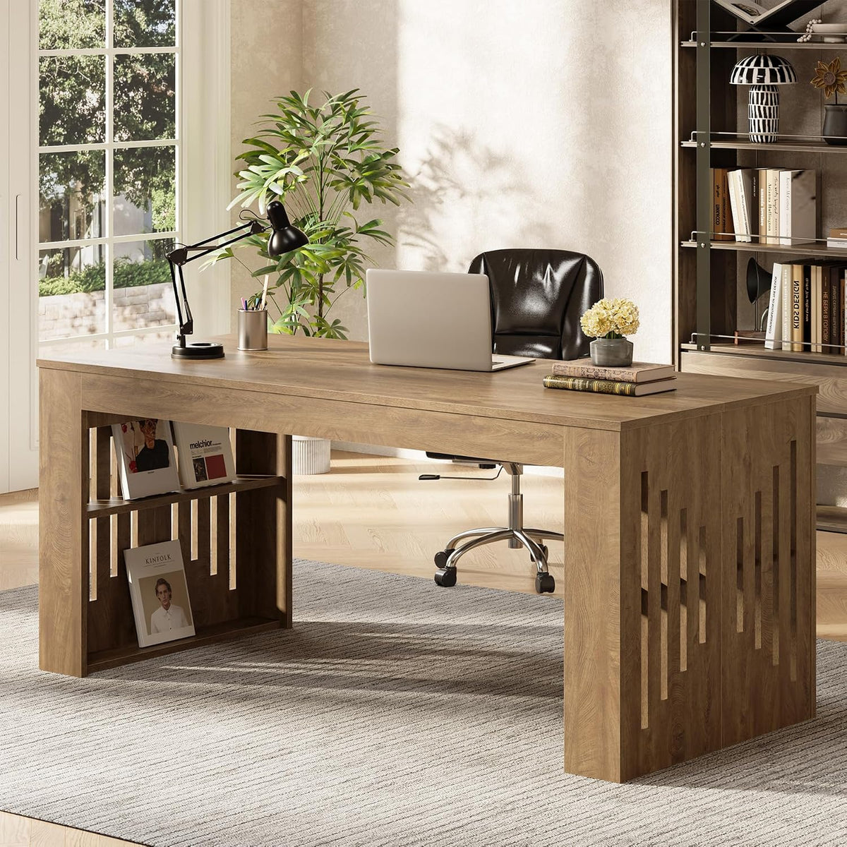 63" Executive Desk, Farmhouse Computer Desk with Drawers & Side Storage Shelf
