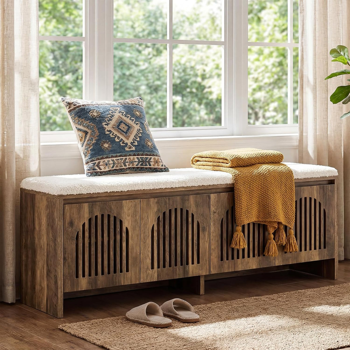 55" Upholstered Shoe Storage Bench, 2-Tier Entryway Bench with Storage Shelves