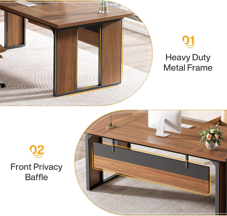 63" Executive Desk, Modern Computer Desk with Privacy Panel & Metal Frame