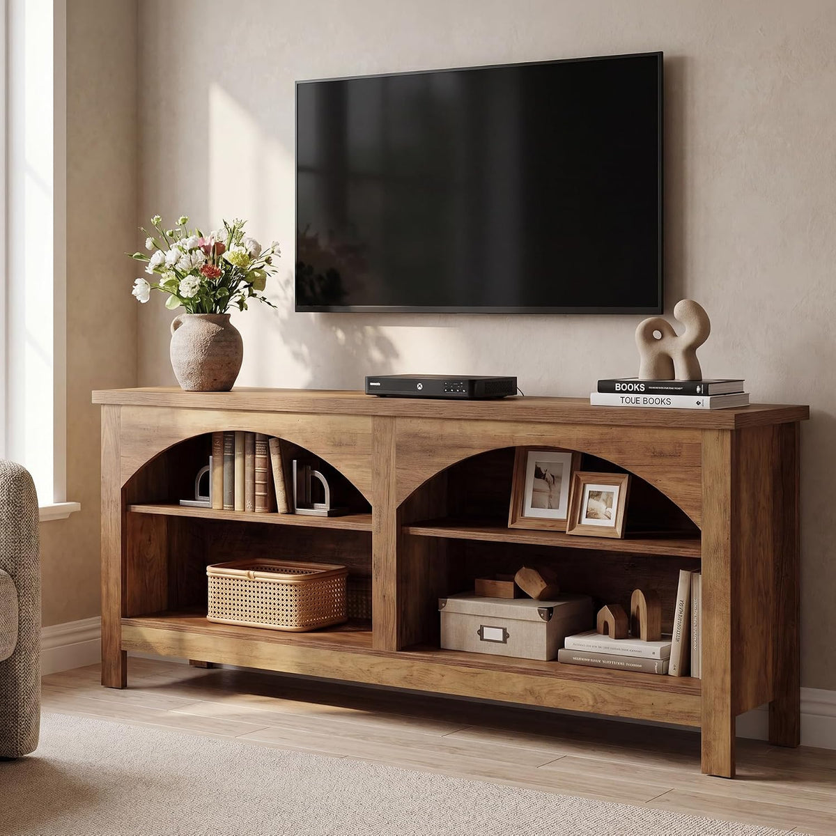 63" TV Stand, Farmhouse Entertainment Center with 2-tier Shelf