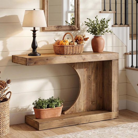 39.4" C-Shaped Console Table, Solid Wood Modern Entryway Accent Table for Living Room