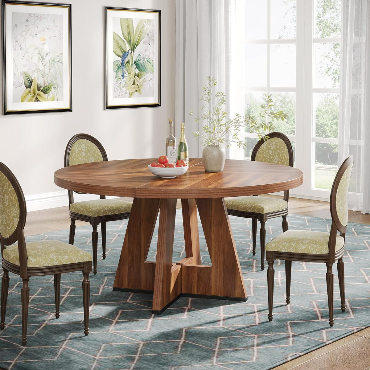 47" Farmhouse Dining Table, Round Wooden Kitchen Dinner Table for 4 People