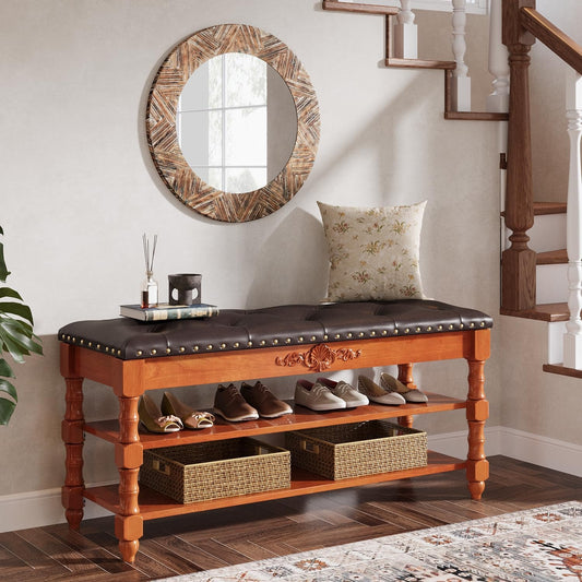 39" Storage Bench, Solid Wood Shoe Bench 8-10 Pair Shoe Organizer with Lift Top