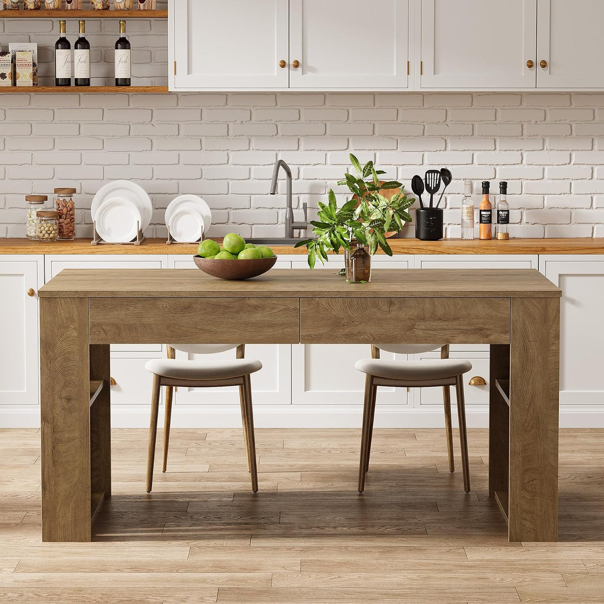 63" Rectangular Dining Table, Rustic Kitchen Table with Drawers for 4 Persons