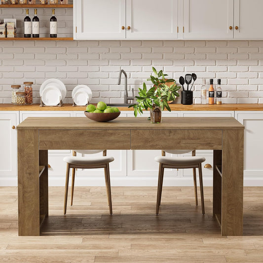 63" Rectangular Dining Table, Rustic Kitchen Table with Drawers for 4 Persons
