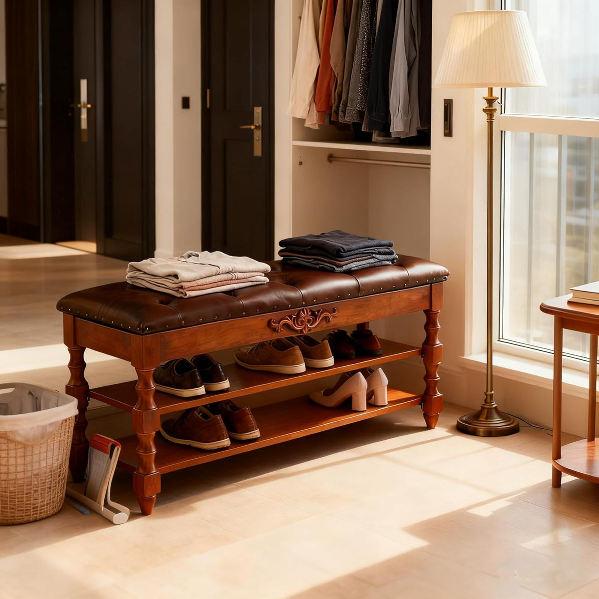 39" Storage Bench, Solid Wood Shoe Bench 8-10 Pair Shoe Organizer with Lift Top