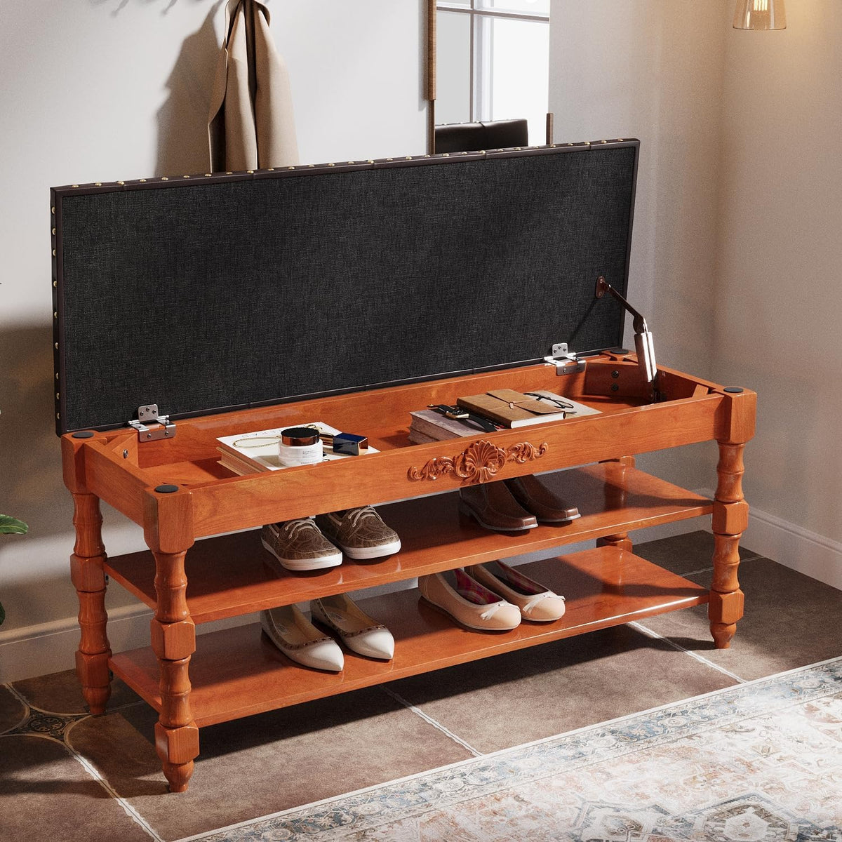 39" Storage Bench, Solid Wood Shoe Bench 8-10 Pair Shoe Organizer with Lift Top