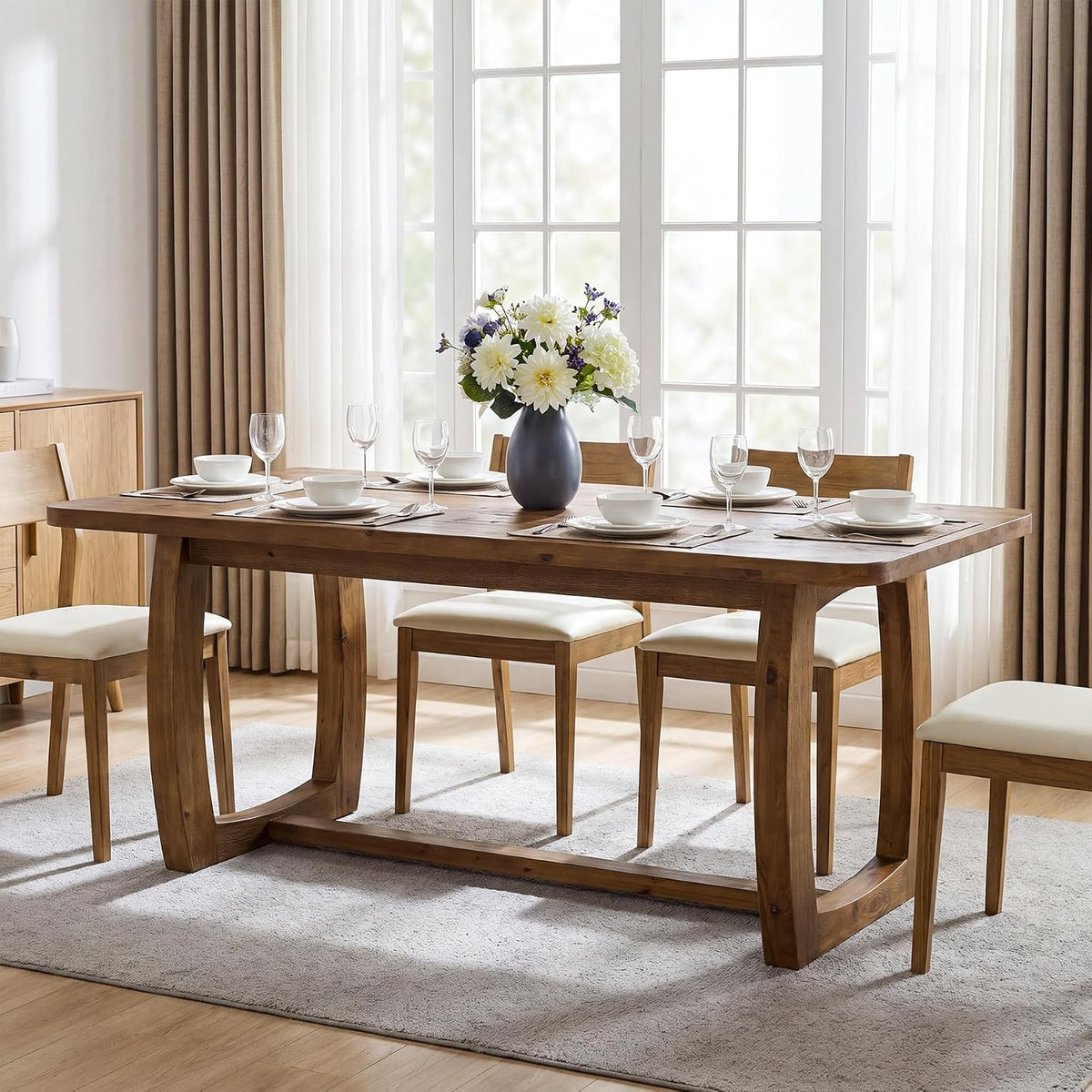63" Solid Wood Dining Table, Farmhouse Rectangle Kitchen Table with U-Shaped Trestle Base