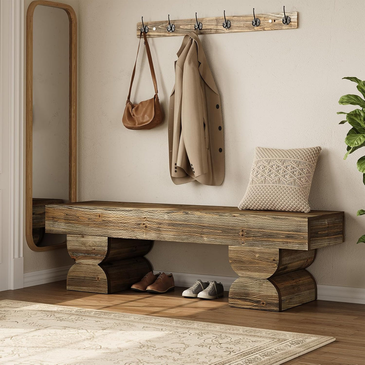 59" Entryway Bench, Solid Wood Shoe Bench End of Bed Stool