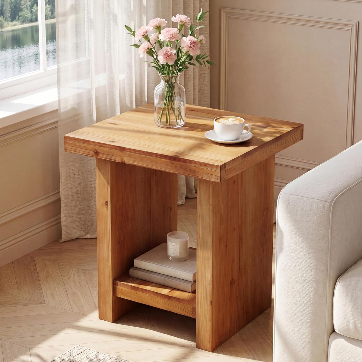 19.6" Solid Wood End Table, Farmhouse Side Table Nightstand with Open Storage
