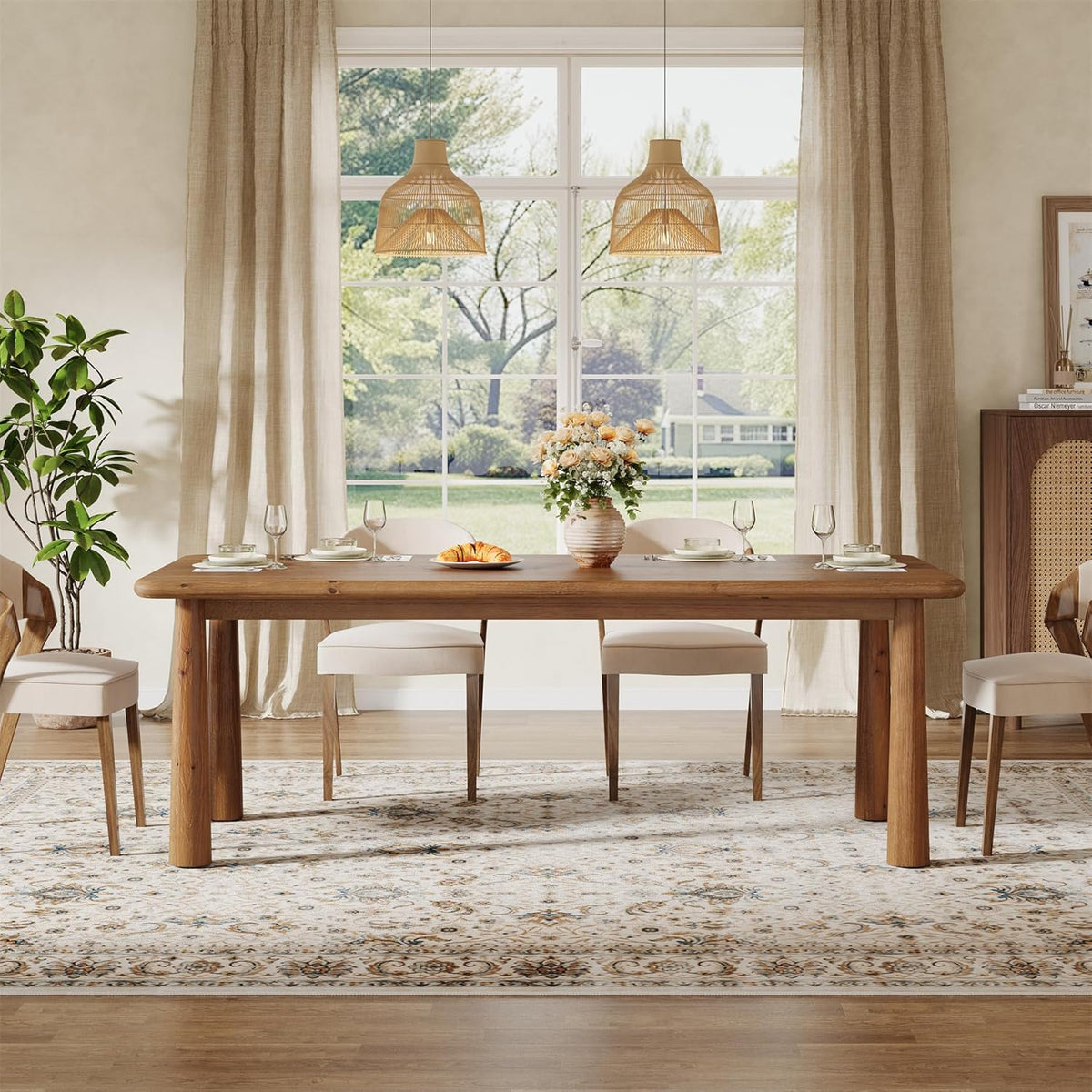 63" Rectangular Dining Table, Solid Wood Kitchen Table for 4 to 6 People