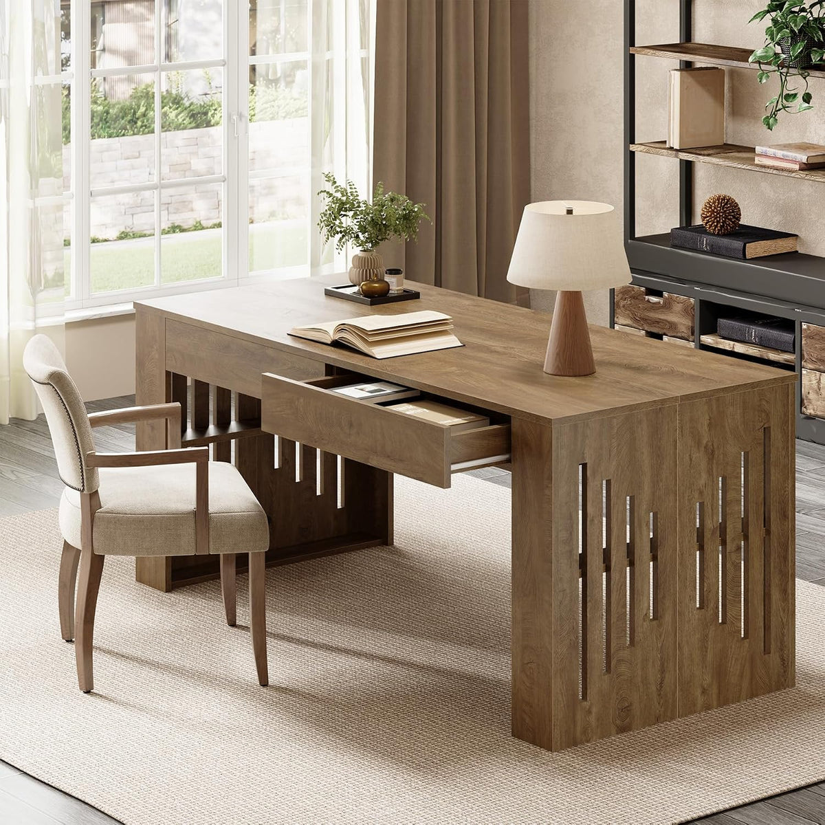 63" Executive Desk, Farmhouse Computer Desk with Drawers & Side Storage Shelf