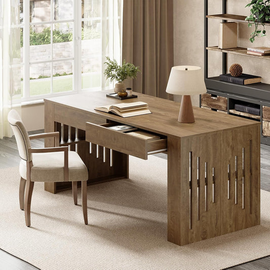 63" Executive Desk, Farmhouse Computer Desk with Drawers & Side Storage Shelf