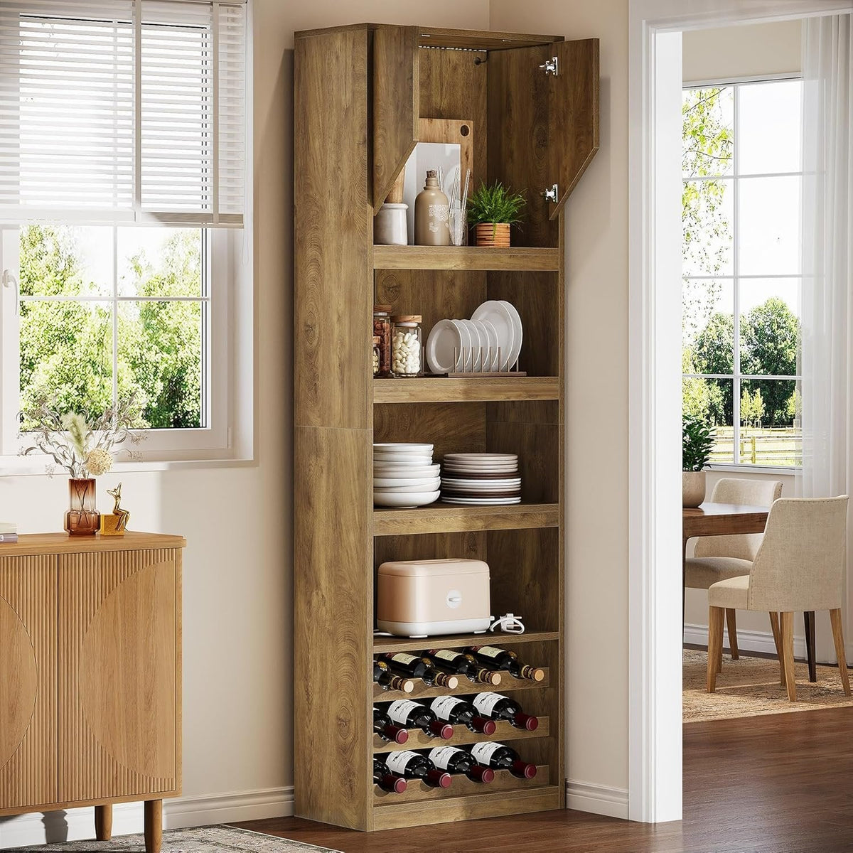 86.6" Wine Bar Cabinet, Farmhouse Home Bar Liquor Cabinet with with Stripe Light