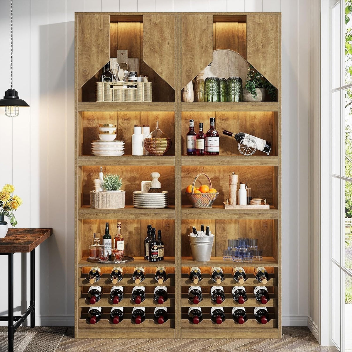 86.6" Wine Bar Cabinet, Farmhouse Home Bar Liquor Cabinet with with Stripe Light