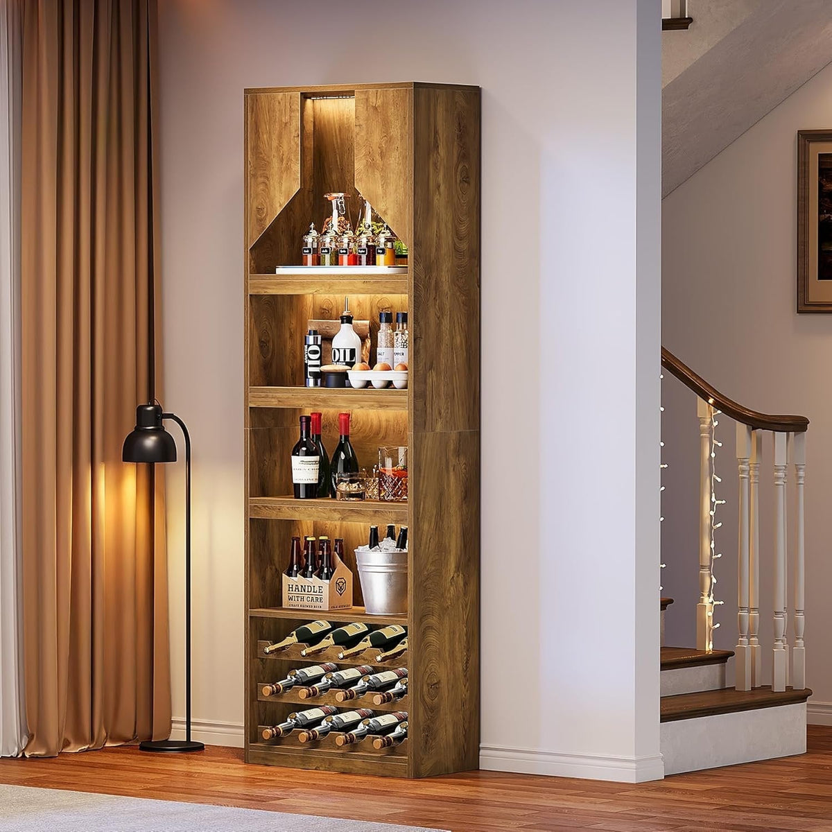 86.6" Wine Bar Cabinet, Farmhouse Home Bar Liquor Cabinet with with Stripe Light