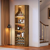 86.6" Wine Bar Cabinet, Farmhouse Home Bar Liquor Cabinet with with Stripe Light