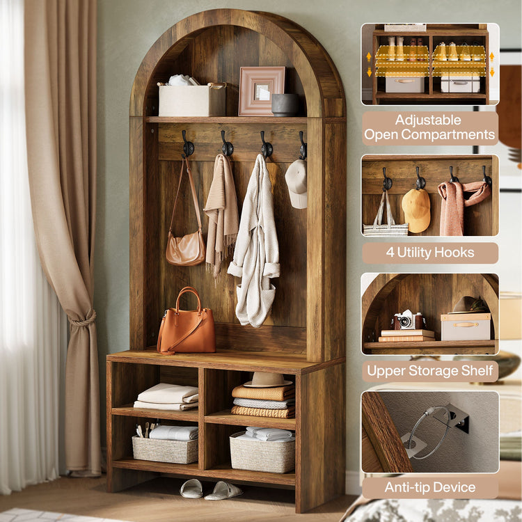 70.87“ Hall Tree, Arched Coat Rack with Bench and Shoe Storage
