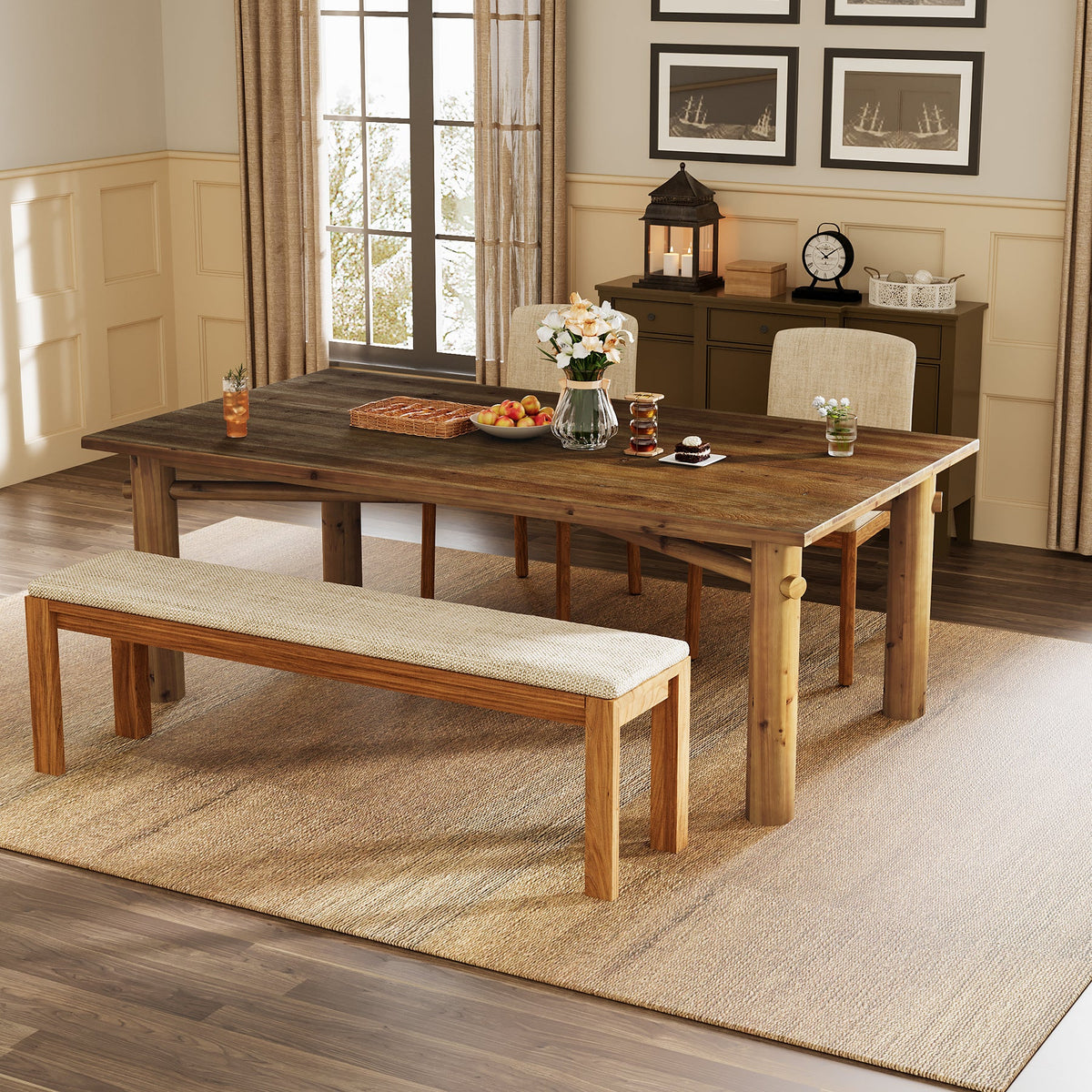 Solid Wood Dining Table for 6, 63" Rectangle  Kitchen Table with Strong Legs