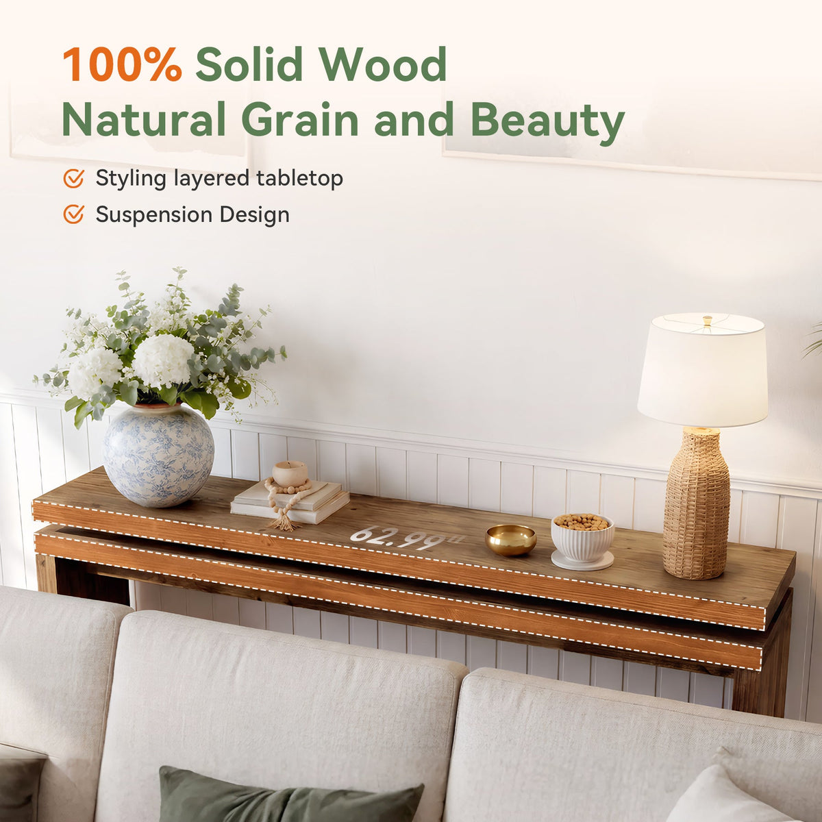 Solid Wood Console Table, 63" Farmhouse Sofa Table Behind Couch for Entryway
