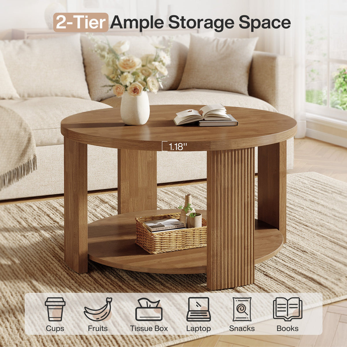2-Tier Round Coffee Table, 31.5" Circle Accent Center Table with Thick Tabletop
