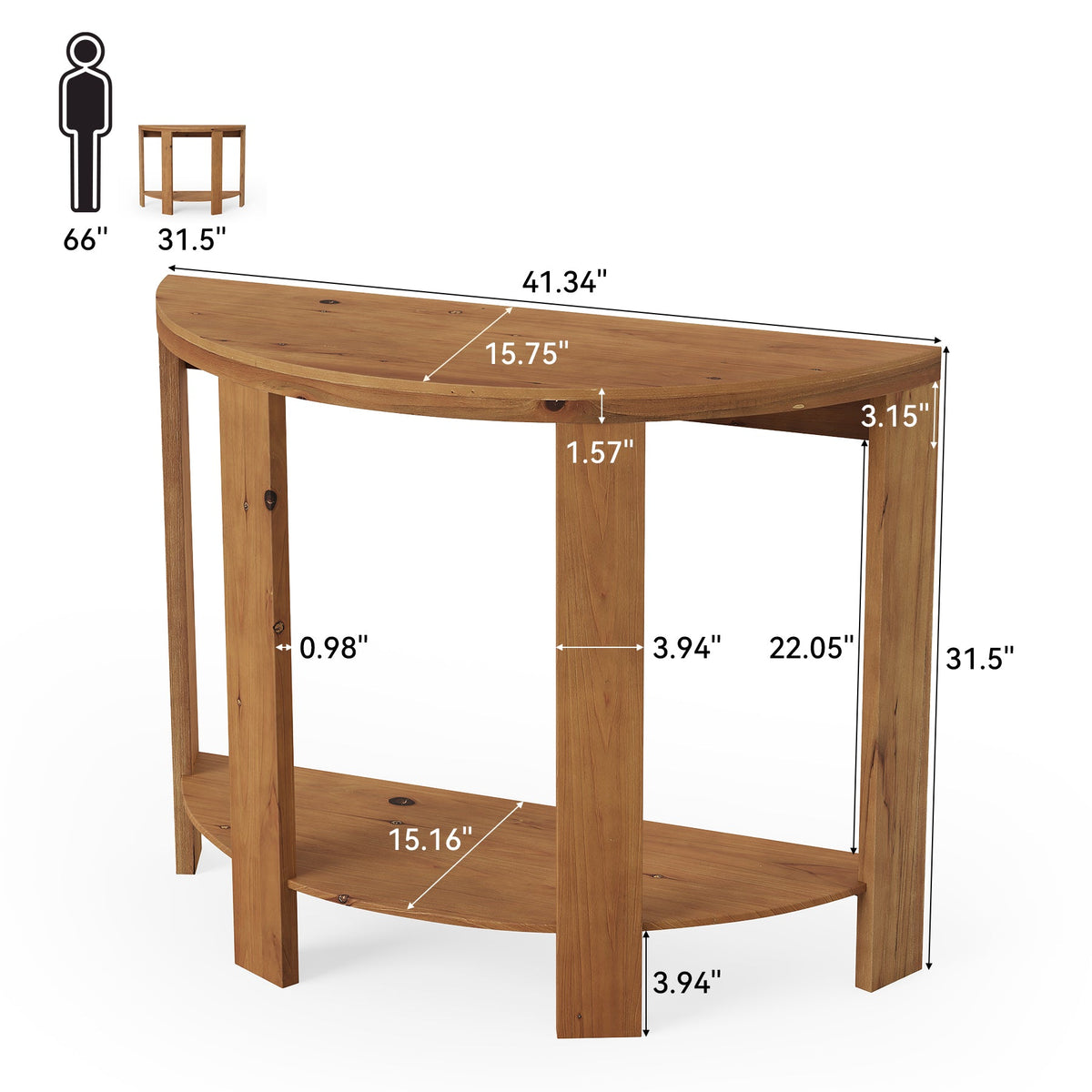 Solid Wood Console Table, Half-Moon 41.3" Hallway Table with 2-Tier Storage